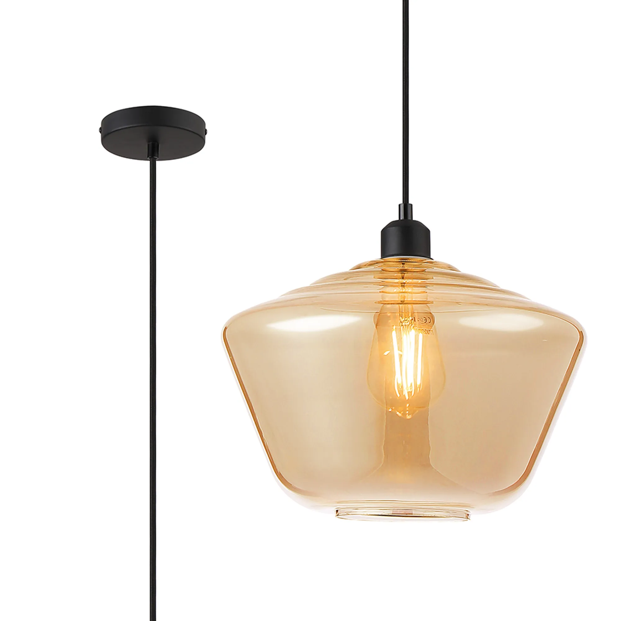 DK1147  Cawdor Single Pendant, 1 Light E27, Matt Black/Amber Hexagonal Glass